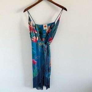 Farm Rio Jungle Fringe Wrap Mini Dress M Blue
